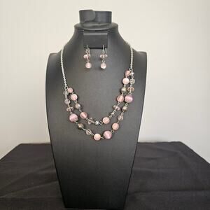 Blush Pink Beaded Necklace & Earring Set Crystal & Pearl-Look Beads, Romantic